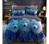 Bleu Housse de Couette 220x240 cm Trois Loups Parure de lit Microfibre 2 Personnes avec Fermeture éclair et 2 taies d’Oreiller 65x65 cm pour Chambre Adulte ado