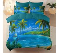 Bleu Housse de Couette 240 x 260 cm, Rétro Île Palmier Bateauthème Housse de Couette réversible Toutes Saisons, légère et Chaude microfibre brossée avec 2 taies d'oreiller C'est un bon cadeau