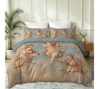 Bleu Housse de Couette Vintage Floral avec Impression 3D, Parure de lit Ange Violon Nuages Ensemble de Literie en Microfibre avec Fermeture éclair pour Enfants Adolescents, 140 x 200 cm