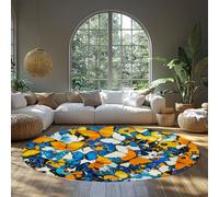 Bleu Jaune Blanc Orange Tapis pour Salon Lavable en Machine Antidérapant Papillon Imprimé Tapis de Sol Rond léger en Chenille à Poils Ras pour Chambre à Manger Salle à Bureau à Domicile 120cm