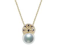 Bleu Jaune Flor Bleu Rond 0,13ct Saphir avec Collier de Perle Rond Blanc pour Les Femmes Collier Pendentif pour Les faveurs de fête 18 Pouces
