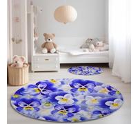 Bleu Jaune Tapis de Salon Rond 100 cm, Lavable Poil Courts Fleurs Pensées Pétales Imprimé Antidérapant Tapis Rond - pour Salle à Manger Chambre d’Enfant Nurserie
