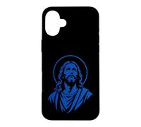 Bleu Jésus Icône Couleur Unique Portrait Sacré Chrétien Art Coque pour iPhone 16 Plus