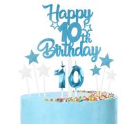 Bleu Joyeux 10ème anniversaire bougies gâteau Toppers Set,3D Numéro 10 bougie pour gâteau,10ème anniversaire décorations pour filles garçons,bleu argent bougie gâteau Toppers pour fournitures de fête