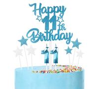 Bleu Joyeux 11ème anniversaire bougies gâteau Toppers Set,3D Numéro 11 bougie pour gâteau,11ème anniversaire décorations pour filles garçons,bleu argent bougie gâteau Toppers pour fournitures de fête