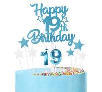 Bleu Joyeux 19ème anniversaire bougies gâteau Toppers Set,3D Numéro 19 bougie pour gâteau,19ème anniversaire décorations pour filles garçons,bleu argent bougie gâteau Toppers pour fournitures de fête