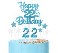 Bleu Joyeux 22ème anniversaire bougies gâteau Toppers Set,3D Numéro 22 bougie pour gâteau,22ème anniversaire décorations pour filles garçons,bleu argent bougie gâteau Toppers pour fournitures de fête