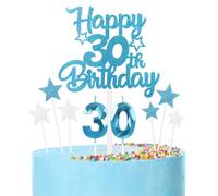 Bleu Joyeux 30ème anniversaire bougies gâteau Toppers Set,3D Numéro 30 bougie pour gâteau,30ème anniversaire décorations pour hommes femmes,bleu argent bougie gâteau Toppers pour fournitures de fête
