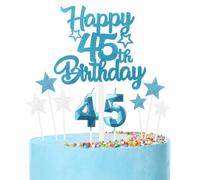 Bleu Joyeux 45ème anniversaire bougies gâteau Toppers Set,3D Numéro 45 bougie pour gâteau,45ème anniversaire décorations pour hommes femmes,bleu argent bougie gâteau Toppers pour fournitures de fête