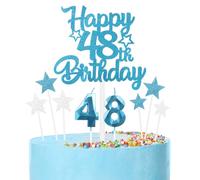 Bleu Joyeux 48ème anniversaire bougies gâteau Toppers Set,3D Numéro 48 bougie pour gâteau,48ème anniversaire décorations pour hommes femmes,bleu argent bougie gâteau Toppers pour fournitures de fête