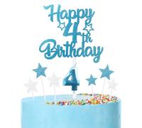 Bleu Joyeux 4ème anniversaire bougies gâteau Toppers Set,3D Numéro 4 bougie pour gâteau,4ème anniversaire décorations pour filles garçons,bleu argent bougie gâteau Toppers pour fournitures de fête