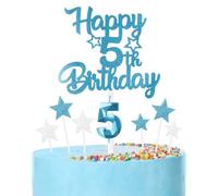 Bleu Joyeux 5ème anniversaire bougies gâteau Toppers Set,3D Numéro 5 bougie pour gâteau,5ème anniversaire décorations pour filles garçons,bleu argent bougie gâteau Toppers pour fournitures de fête