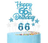 Bleu Joyeux 66ème anniversaire bougies gâteau Toppers Set,3D Numéro 66 bougie pour gâteau,66ème anniversaire décorations pour hommes femmes,bleu argent bougie gâteau Toppers pour fournitures de fête