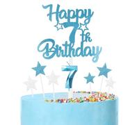 Bleu Joyeux 7ème anniversaire bougies gâteau Toppers Set,3D Numéro 7 bougie pour gâteau,7ème anniversaire décorations pour filles garçons,bleu argent bougie gâteau Toppers pour fournitures de fête