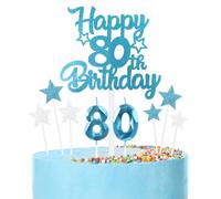 Bleu Joyeux 80ème anniversaire bougies gâteau Toppers Set,3D Numéro 80 bougie pour gâteau,80ème anniversaire décorations pour hommes femmes,bleu argent bougie gâteau Toppers pour fournitures de fête