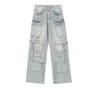 Bleu,L,Jeans Cargo Streetwear Baggy Déchirés pour Hommes Vêtements Multi-Poches Pantalon Large Style Hip Hop