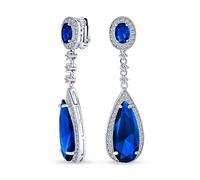 Bleu Longue Teardrop Cubic Zirconia Pendre Statement Screw Clip On Earrings Simuléeted Sapphire Argent Plated Brass