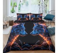 Bleu Loup Duo Parure de Lit Léger Microfibre résistante 3 Pièces 3D Effet Fantaisie Art Style Ensemble De Literie avec 2 Taies d'oreiller Hypoallergique for Les Enfants Single（140x200cm）