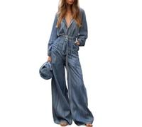 ,Bleu,M,Combinaison pour Femmes à Manches Longues, col en V, Combinaison-Short, Jambe Droite, Taille Moyenne, Combinaison en Jean, Pantalon à Jambes Larges