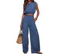 Bleu,M,Ensemble 2 pièces en Denim pour Femme, Haut Court en Denim léger de Couleur Unie et Jean à Jambe Large