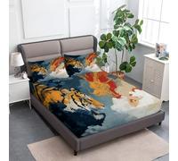 Bleu Marine Drap Housse 160 x 200 cm Dragon-Tigre Chinois, Doux Résistant Anti-Plis Élastique Tout Autour - Antidérapants Résistant aux Rides Drap Housse en Microfibre