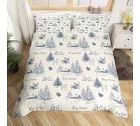Bleu Marine Noël Housse de Couette 220x240 avec 2 Taies d'oreiller Village d'hiver Literie Set Enfants Adultes Arbre de Noël Renne Motif Housse de Couette Vacances de Noël Couvre Lit