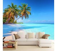 Bleu Marine Papier Peint Intissé Mural 400 x 280 cm, Magnifique La Mer La Plage Les Palmiers Motif Muraux Geant Poster Personnalisable Wallpaper pour Salon Cuisines Bureau Chambre d'enfants Décor