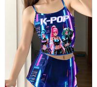 Bleu marine, portrait de fille de dessin animé K-POP, ensemble de pyjama top camisole ajusté décontracté et short pour jeune fille, convient pour le port quotidien d'été, confort facile, tenue décontr