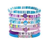 Bleu Message Pour Inoxydable Anneaux Bracelets Set Colorful Heart Star Polymer Beaded Pearl Clay Stackable Charm Kidcore Aesthetic Summer Beach Layering Message Perlé Naturelle 4 (B, One Size)