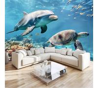 Bleu Papier Peint Intissé 3D Dauphins Et Tortues Océaniques Décoration Murale Moderne, Pour Chambre Enfants, Salon & Bureau 350 X 256 Cm