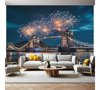 Bleu Papier Peint Intissé 400 x 280 cm Bâtiment du Tower Bridge et feux d'artifice Panoramique Image Photo Trompe l'oeil Murale Wallpaper Tapisserie pour Salon, Adulte Chambre d'enfants, Étude Décor
