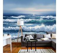 Bleu Papier Peint Intissé Plage Et Vagues Panoramique Fresque Murale, Pour Salon & Chambre Fond Tv Décoration - (Facile À Poser) Horizon Impressionniste 396 X 280 Cm