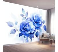Bleu Papier Peint Panoramique Autocollante, Aquarelle Roses Fleurs bleues Photo Poster Mural pour Salon Chambre 350 x 256 cm Papier Peint Intissé Maison Décoration Intérieure