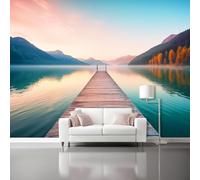 Bleu Papier Peint Panoramique Autocollante, Paysage Jetée Lac Photo Poster Mural pour Salon Chambre 200 x 140 cm Papier Peint Intissé Maison Décoration Intérieure