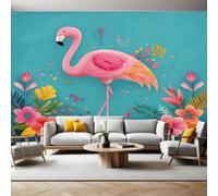 Bleu Papier Peint Panoramique flamant rose de dessin animé 3D Trompe L'oeil Moderne Papier Peint 250 x 175 cm Grandes Murales Poster pour Salon, Adulte Chambre d'enfants, Étude Décor