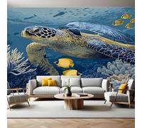 Bleu Papier Peint Panoramique Tortue de mer 3D Trompe L'oeil Moderne Papier Peint 250 x 175 cm Grandes Murales Poster pour Salon, Adulte Chambre d'enfants, Étude Décor