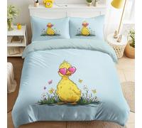 Bleu Parure de Lit Canard jaune Cœur Lunettes de soleil Papillon Prairie Parure de Lit, Mignon & Cartoon Duveteux Imprimée Vibrant Amusant Gribouillage Housse de Couette pour Enfants - 140 x 190