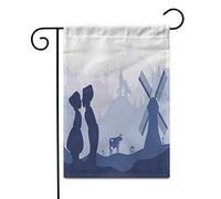 Bleu Pays-Bas Hollande Symboles Nationaux Néerlandais Silhouettes Sur Paysage En Fondu Garden Flag Solide Drapeau De Jardin Couleurs Vives Bannière Pour Célébrations Extérieur Intérieur 30X45Cm