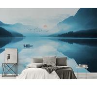 Bleu Paysage À L'Encre De Chine Oiseaux En Vol Lever Du Soleil Papier Peint 3D Installation Facile Intissé Tapisserie Bureau Salon Canapé Chambre Décoration Murale-200cm×140cm