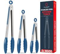 Bleu Pinces de Cuisine en Silicone - Set De 3-18x23x30,5 CM - pour BBQ Grill, Cuisson au Four, Le Service de Salade Steak Légumes | Acier Inoxydable avec Extrémités en Silicone