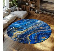 Bleu Profond avec marbre doré Tourbillon Tapis Circulaire Design Abstrait de Luxe Tapis Lavable Doux à Poils Ras pour Salle à Manger Bureau à Domicile Décor de Sol 135cm