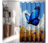 Bleu Rideau de Douche 90 x 200 cm, Imperméable Rideau Douche Papillon Shower Curtain avec 12 Anneaux Résistant Facile à Installer Lavable en Machine pour Decoration Maison, Cadeau Femme -lsy25077X