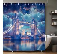 Bleu Rideau de Douche Imperméable 180x180 cm Vue Nocturne du Tower Bridge de Londres 3D Imprimé, Tissu Polyester Anti-Moisissure avec 12 Crochets pour Salle de Bain