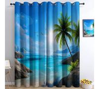 Bleu Rideau Occultant Plage Tropicale Ciel Bleu Nuages Blanches Palmiers Rideaux Salon, Moderne Thermique Isolant Anti Froid Polyester L 85 X H 200 cm (2 Panneaux) pour Chambre Cuisine Décoration