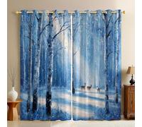 Bleu Rideaux Occultants 2 Pièces Forêt de bouleaux et Cerfs Sika Polyester Imprimé 3D, Thermiques, Isolants Phoniques et Anti Froid pour Chambre Enfant, Salon ou Cuisine 117L X 229H cm