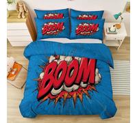 Bleu Rouge Housse de Couette 90 x 190 cm, Cartoon Rétro Housses de Couette 3 Pièces, Texte Bombe en Microfibre Douce et Respirante Parure de Lit, avec Taie d'oreiller
