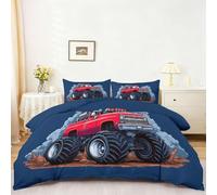 Bleu Rouge Parure de Lit 3 Pièces, Douce Literie Toutes Saisons 200 X 200 | Housse de Couette Style Américain Zippée, Parure de Lit Monster Truck au Style Rétro en Microfibre Infroissable