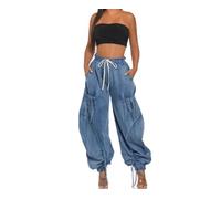 ,Bleu,S,Jean Large pour Femmes, Jean à Taille élastique, Pantalon en Denim Cargo à Cordon de Serrage avec nœud, Pantalon Harem, Streetwear
