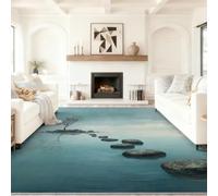Bleu Scandinave Moderne Lavable paillasson Tapis, Pile Courte et Douce Tapis Dessous Antidérapan, Lac Chemin Dallé Plantes Grands Arbres, 120 x 170 cm pour Salon, Chambre et Salle à Manger