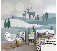 Bleu Sommets Montagneux Arbres Élans Lever Du Soleil Papier Peint 3D Installation Facile Intissé Tapisserie Bureau Salon Canapé Chambre Décoration Murale-150cm×105cm